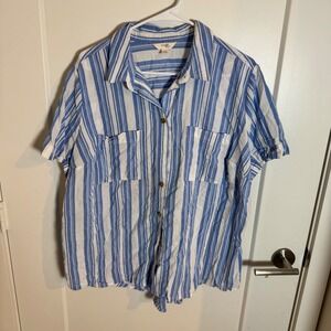 Terrace Sky Blue White Stripe Button Up Short Sleeve Shirt Top Plus Size 1X